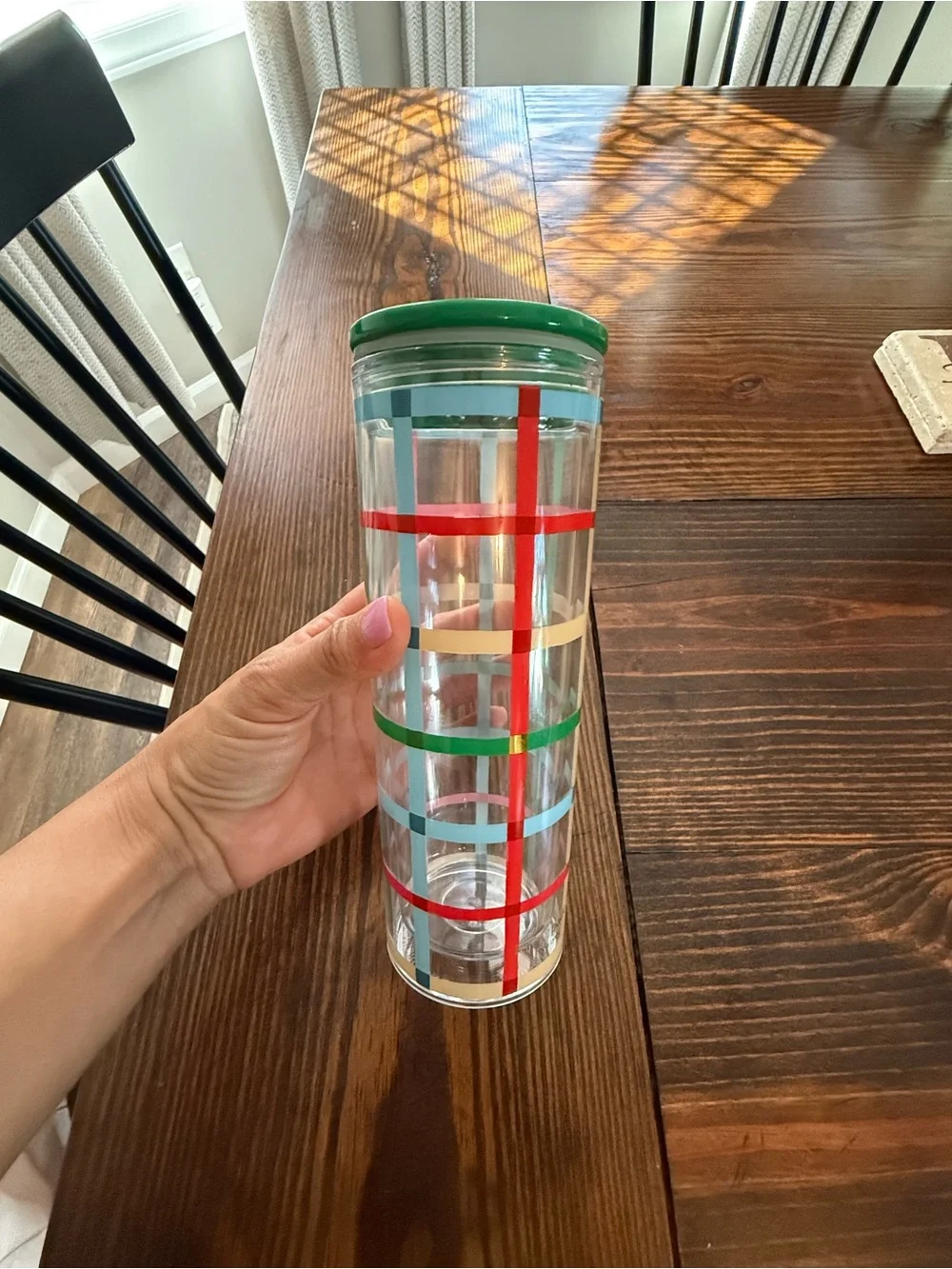kate spade Clear Tumbler with Green Lid and Red, Blue & Cream Plaid